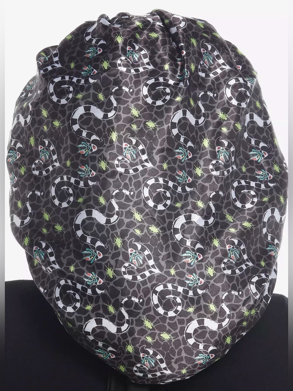 Beetlejuice Black Silky Satin Snake-Print Sleep Cap Hair Bonnet- New